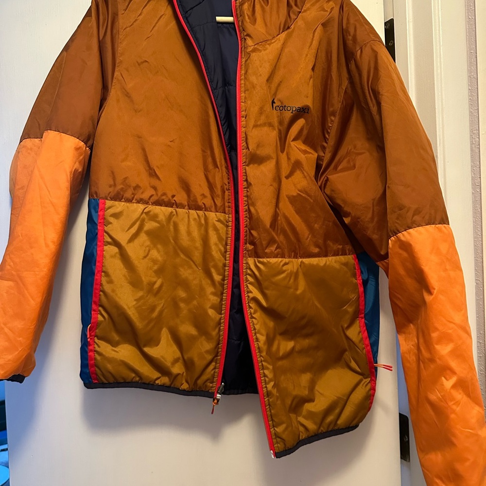 Cotopaxi Orange and Brown Reversible Hooded Jacket